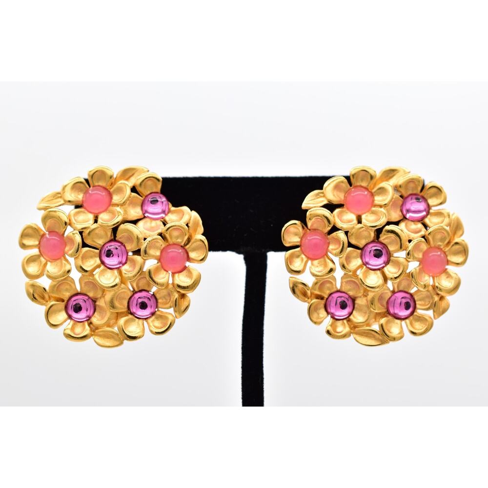Givenchy Vintage Cabochon Flower Clip On Earrings Brushed Gold Pink AS IS BinX